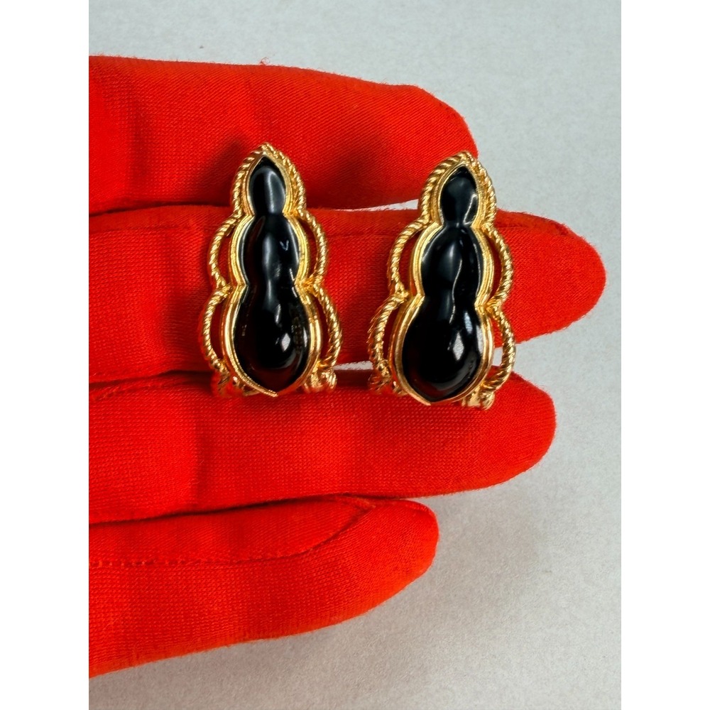 Vintage Avon Black Enamel  Gold Tone Earrings Sculptural Statement Pierced